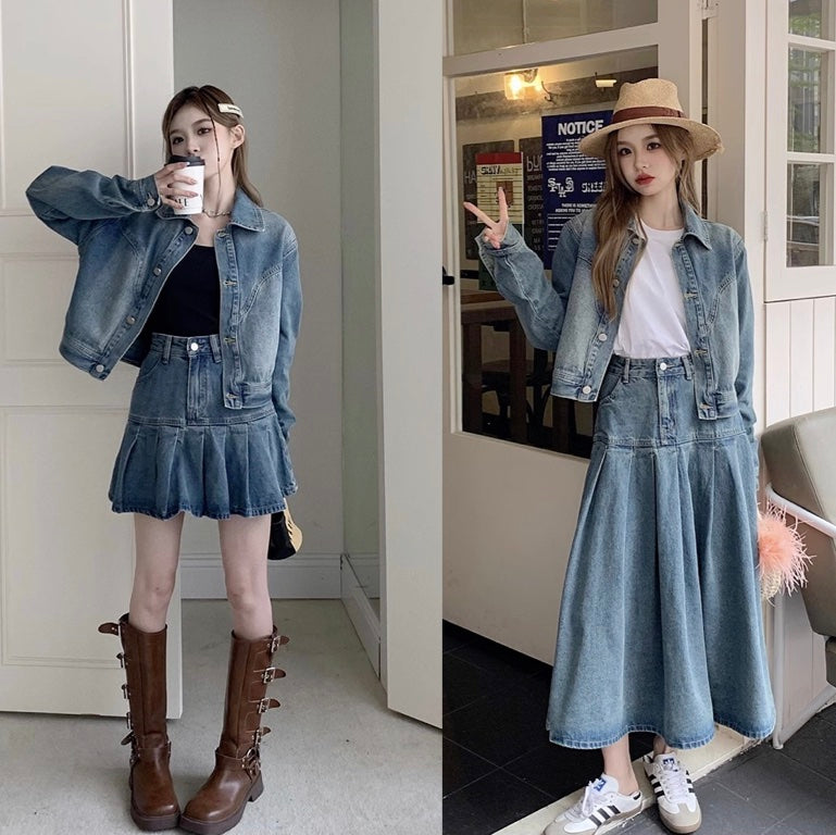 デニム セットアップ レディース 韓国 denim ミニプリーツスカート or