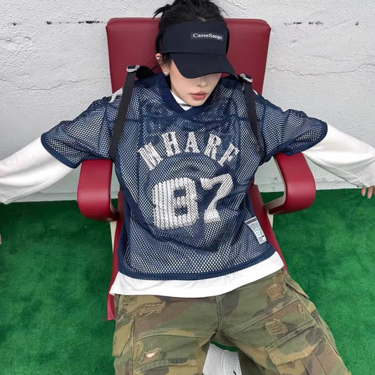 メッシュ Tシャツ レディース 韓国 ファッション オーバーサイズ シースルー 半袖 ゲームTシャツ ナンバーロゴ バックプリント レイヤード ネイビー
