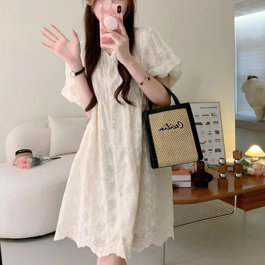 レース ボタン ワンピース 韓国 レディース 半袖 パフスリーブ 半袖 膝上丈 夏 ワンピ