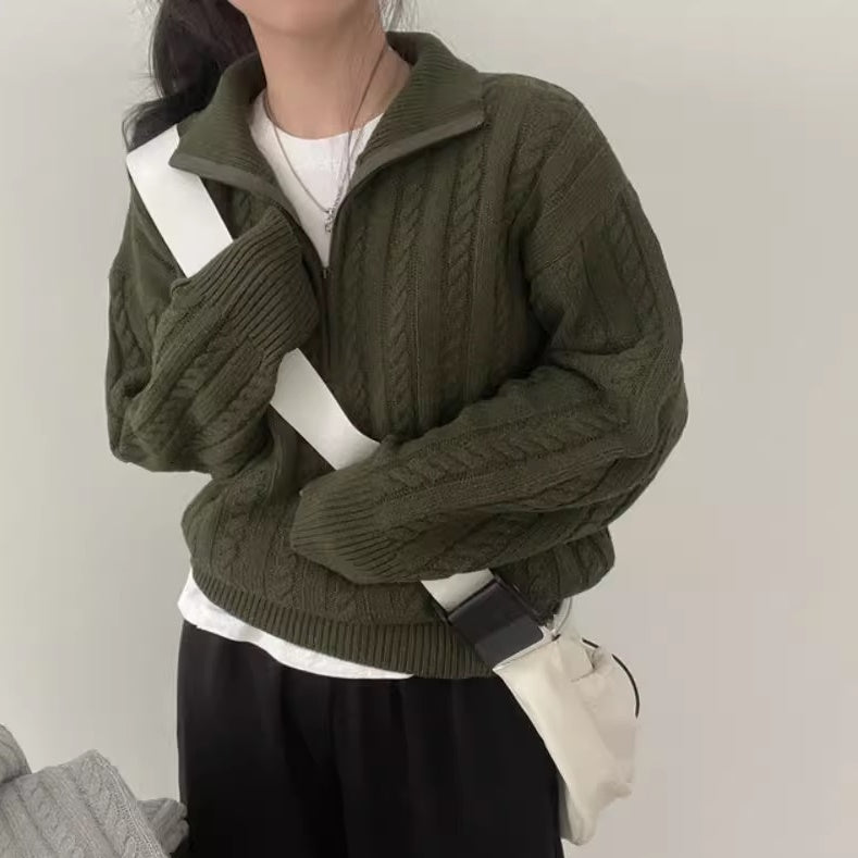 ハーフジップ ケーブル ニット レディース 韓国 ファッション ケーブル編み オーバーサイズ セーター 無地 おしゃれ 冬 トップス