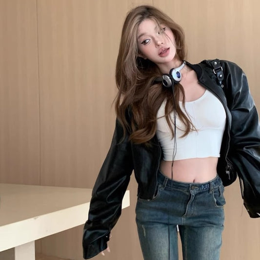 エコレザージャケット レディース 韓国 ファッション レザー ジップブルゾン クロップド丈 ジャケット