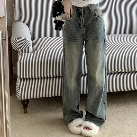 デニムパンツ レディース 韓国 ファッション ユーズド加工 ワイドシルエット ポケット刺繍 ジーンズ