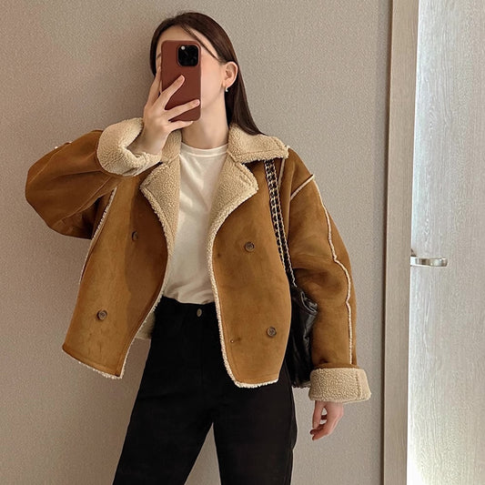フェイクムートン ジャケット レディース 韓国 ファッション 冬アウター 軽量 防寒 裏ボア ジャケット