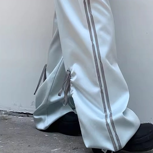 リボンライン ナイロンパンツ レディース 韓国 ファッション ライン ワイド ジャージパンツ