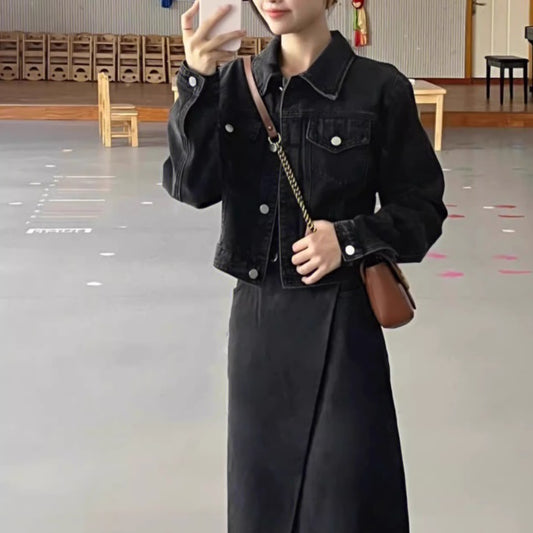 デニムセットアップ レディース 韓国 ファッション 黒デニム 上下 2点 セット デニムジャケット ナロースカート ミモレ丈