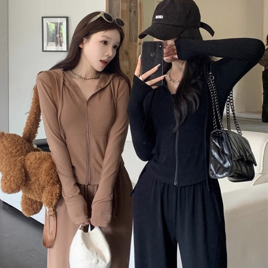スウェット セットアップ ジップパーカー レディース 韓国 ファッション ストレッチ クロップド パーカー ワイドパンツ セット