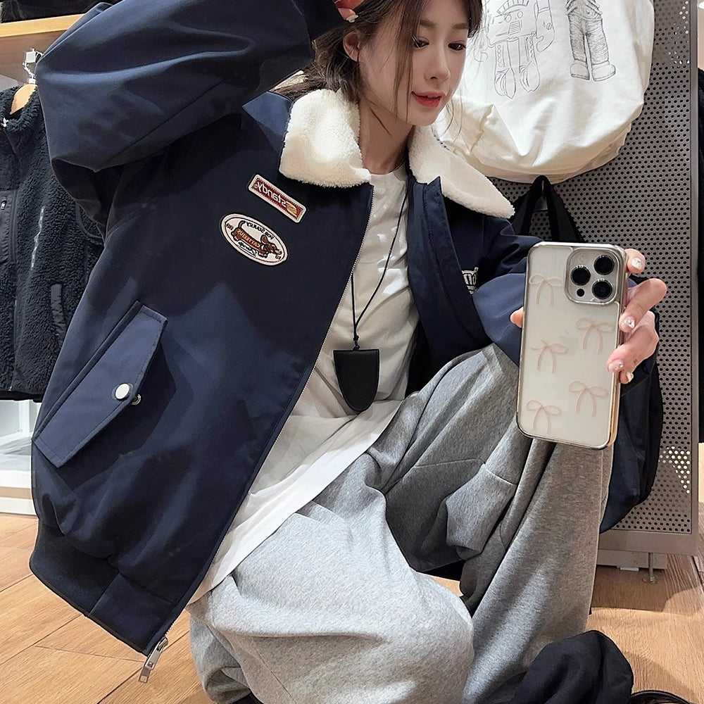 ボア フライトジャケット 韓国 アウター レディース ワッペン ロゴ キルティング かわいい ドカジャン
