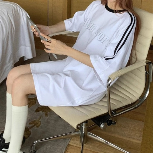 グラフィック ライン リンガーTシャツ レディース 韓国 ファッション モノトーン 白Tシャツ ロング丈 オーバーサイズ ビッグT