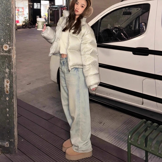 ダウン ジャケット レディース クロップド丈 韓国 ファッション アウター ボリューム シルバー ジャケット