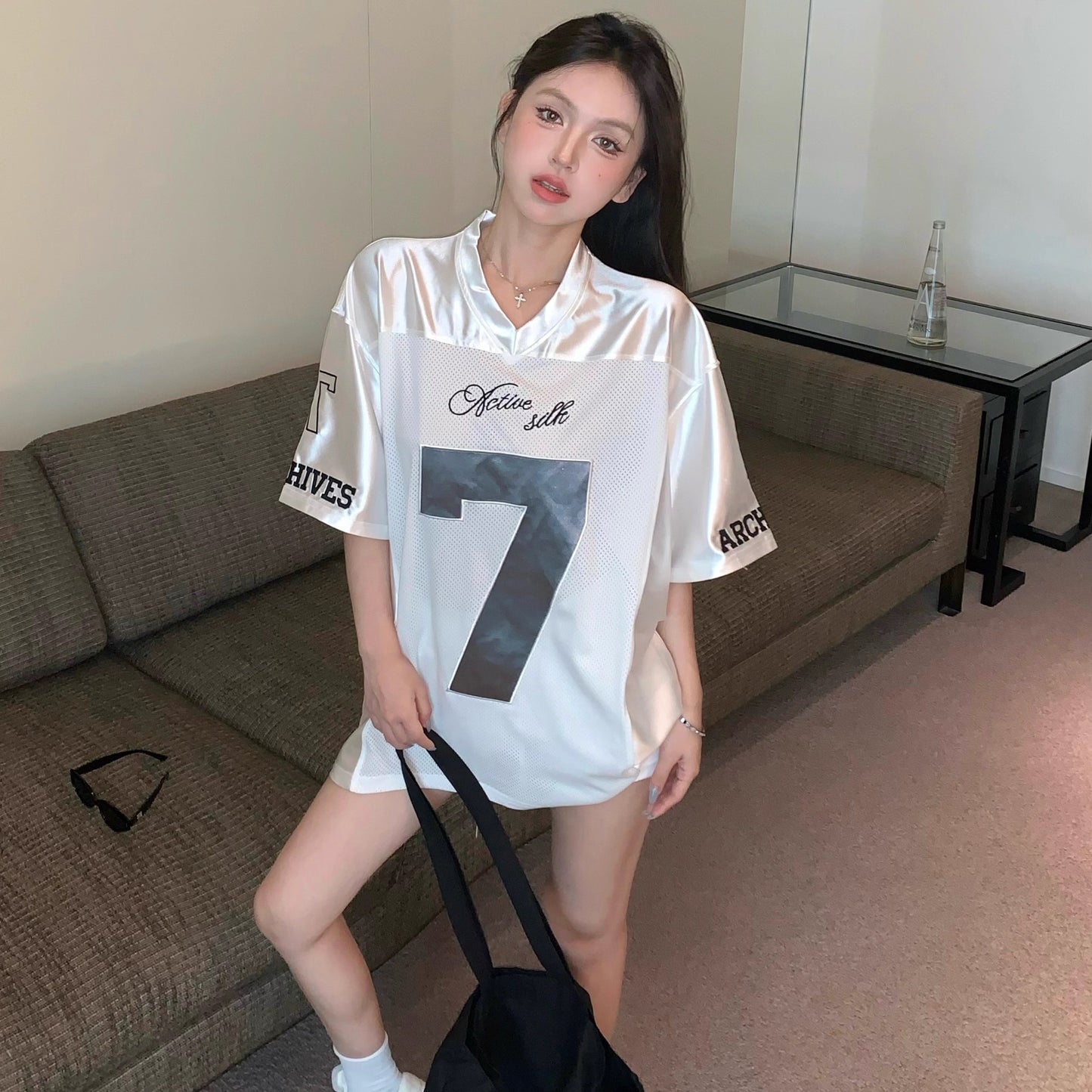 メッシュ ユニフォーム Tシャツ レディース 韓国 ファッション ビッグシルエット ポリ メッシュ 切替 ゲーム tシャツ