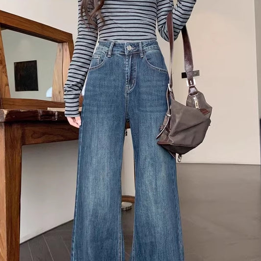 フレア デニムパンツ レディース ワイドシルエット 韓国 ファッション ユーズド加工 ジーンズ きれいめ 大人カジュアル 冬ボトム