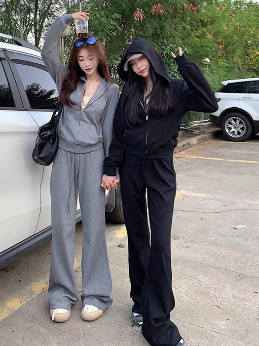 スウェット セットアップ レディース 韓国 ファッション ショート丈 ジップ パーカー フレアパンツ 2点セット
