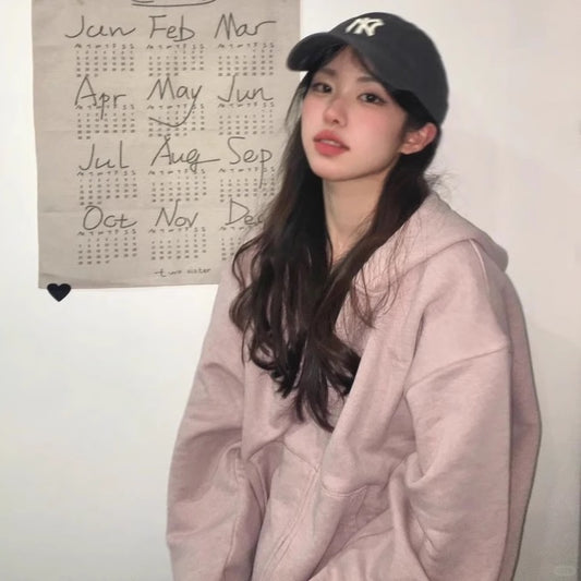 ジップ パーカー レディース 韓国 ファッション くすみピンク オーバーサイズ 袖 指穴 ニュアンスカラー