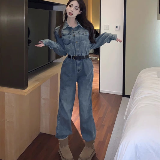 デニム オールインワン レディース 韓国 ファッション ユーズド加工 ジーンズ ジャンプスーツ