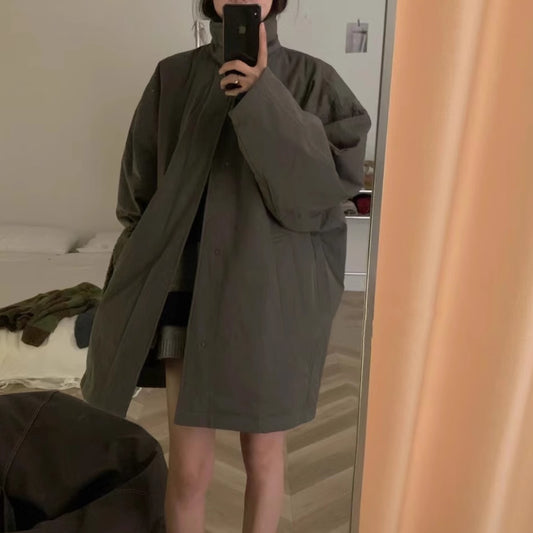 スタンドカラー ナイロン コート レディース 韓国 ファッション ボタン モッズ ミリタリー ミドル丈 コート