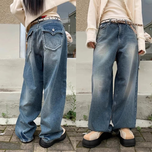 デニムパンツ レディース 韓国 ファッション ワイド ヴィンテージ ユーズド加工 ビッグポケット