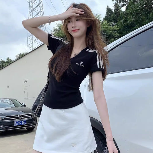 Vネック ライン Tシャツ レディース 韓国 ファッション ストレッチ タイト クロップ T