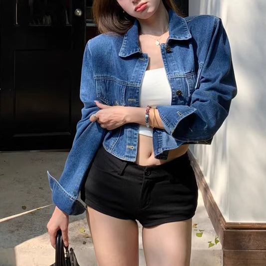ショート デニムジャケット レディース 韓国 ファッション クロップ丈 ブルーデニム 肩パット カジュアル アウター 春秋 アウター デニムブルゾン