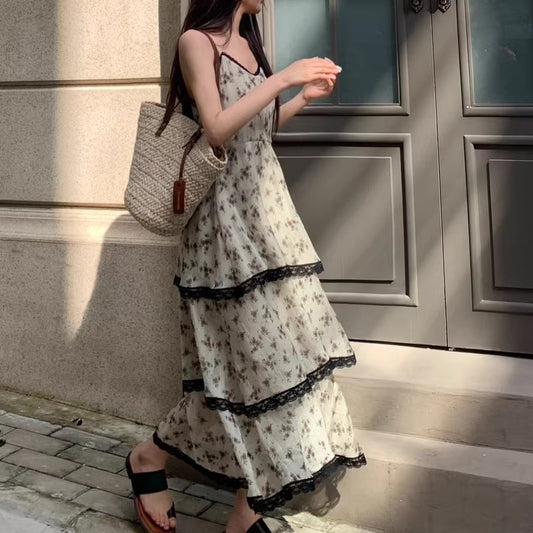 花柄 ワンピース ティアード 夏 ノースリーブ ロングワンピース レディース 韓国 ファッション キャミワンピ ガーリー