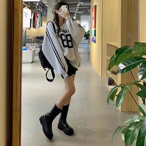 Vネック ライン スウェット トレーナー レディース 韓国 ファッション スポーティ オーバーサイズ トップス