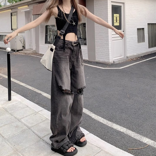 リップド ジーンズ レディース 韓国 デニムパンツ クラッシュ加工 ブラックデニム ワイドシルエット グランジ ファッション