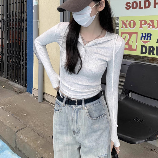 パーカー カットソー レディース 韓国 ファッション ストレッチ タイト クロップド丈 ヘンリーネック ロンT