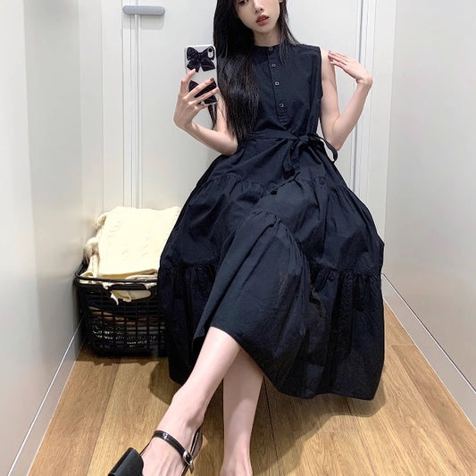 ハーフボタン ロングワンピース 韓国 ウエストリボン ノースリーブ ワンピース 上品 お呼ばれ 黒ワンピース