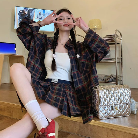 チェック セットアップ レディース スカート シャツ 上下セット レディース 韓国 ファッション プリーツスカート
