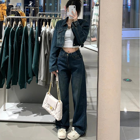 デニムセットアップ クロップジャケット レディース 韓国 ファッション インディゴカラー ハイウエストデニムパンツ きれいめデニム 上下セット 2点