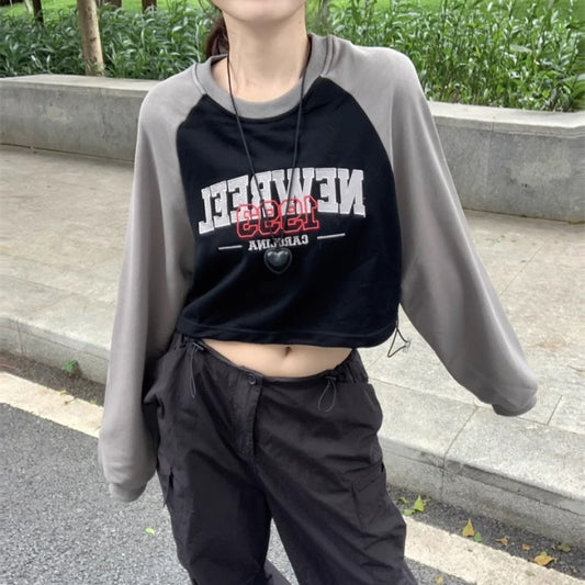 クロップ ラグラン トレーナー レディース 韓国 ファッション ロゴ グラフィック バイカラー ドローコード パラシュート スウェットトップス