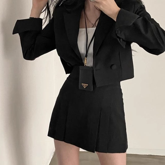 クロップド ジャケット セットアップ レディース 韓国 ファッション スーツ ミニスカート ショート丈 ジャケット ブラックスーツ ミニマム