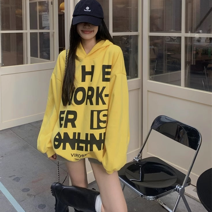 ロゴ グラフィック ビッグ パーカー プルオーバー レディース 韓国 ファッション ロゴプリント イエロー フード スウェット トップス