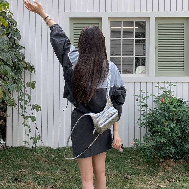 セットアップ レディース ナイロン ジャージ 上下セット 韓国 ファッション カラーブロック ブルゾン ミニスカート スポーツ カジュアル ストリート