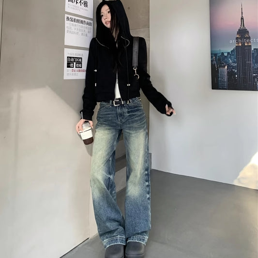 ローライズ デニムパンツ レディース ヴィンテージ ユーズド 加工 ストレート 韓国 ファッション ローウエスト ジーンズ