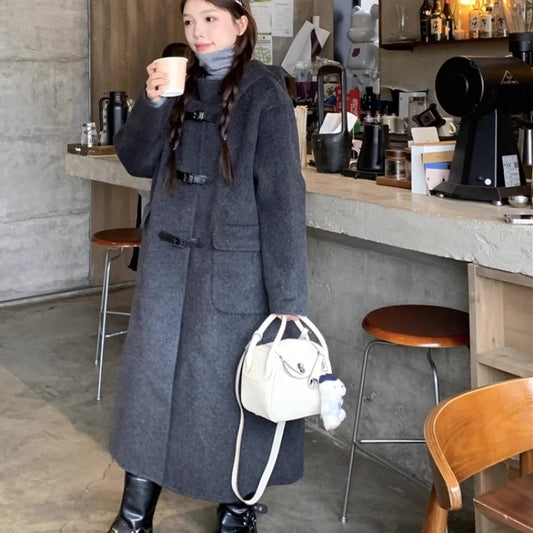 ダッフルコート レディース ダークグレー フード付 ストラップ ロングコート 韓国 ファッション グレー 上品 清楚 かわいい