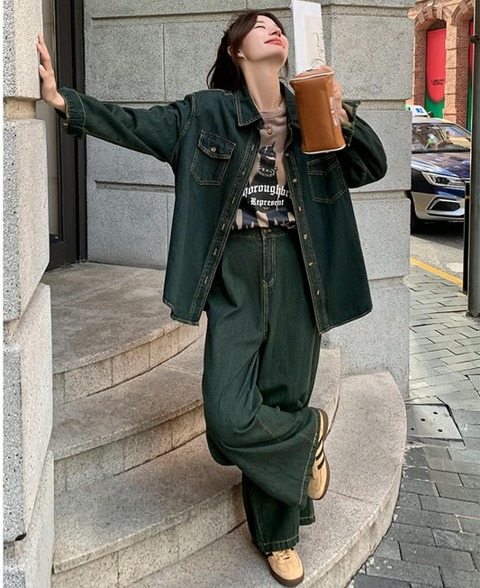 デニムセットアップ レディース 韓国 ファッション デニム ダンガリーシャツ ワイドパンツ 上下セット 春コーデ デニムオンデニム