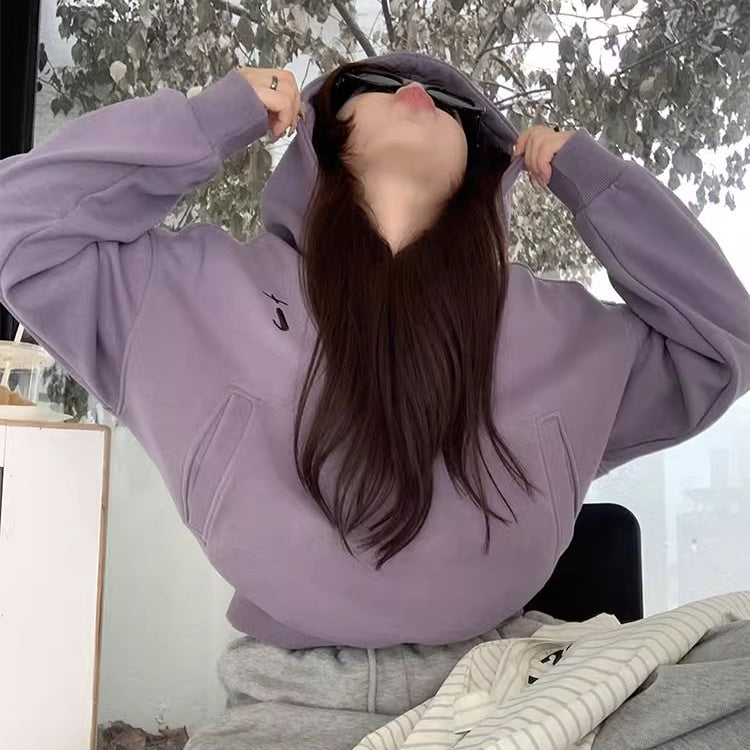 パーカー レディース プルオーバー フーディー スウェット トップス 韓国 ファッション パープル ワンポイント ショート丈