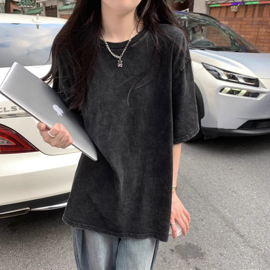 デニム Tシャツ レディース 韓国 ファッション 黒デニム オーバーサイズ T 無地 トップス