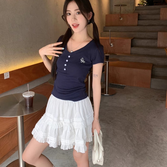 ヘンリーネック Tシャツ レディース 韓国 ファッション 夏 トップス Vネック 半袖 カットソー タイト ストレッチ T