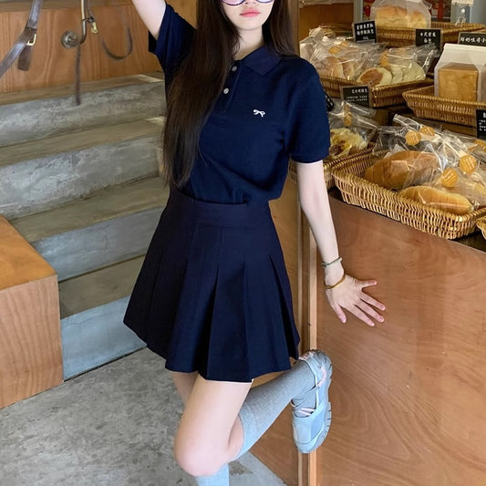 セットアップ レディース ポロシャツ ミニスカート 上下セット 韓国 ファッション リボン プリーツスカート カレッジコーデ