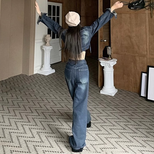 クロップド デニム セットアップ ジャケット ワイドパンツ 上下セット 韓国 ファッション デニムオンデニム ユーズド加工