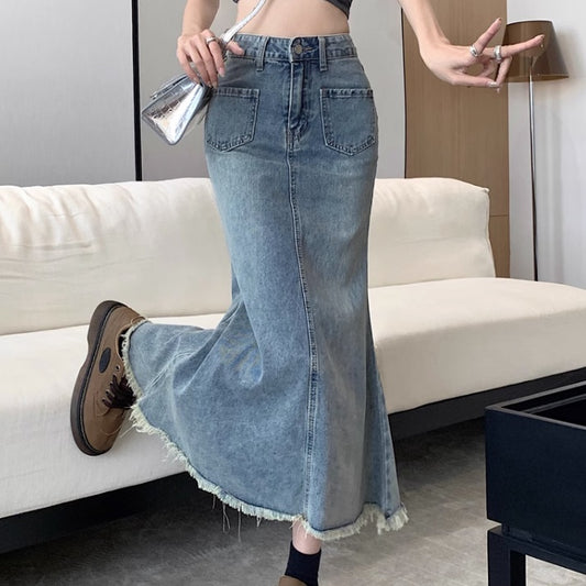 デニム マーメイドスカート 韓国 レディース ファッション Aラインフレア ロング デニムスカート