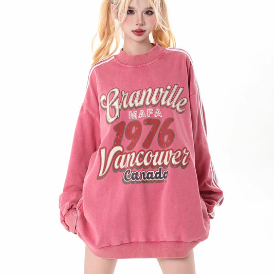 トレーナー サイドライン ロゴプリント スウェット トップス レディース 韓国 ファッション ヴィンテージ ダメージ加工 オーバーサイズ スウェットシャツ