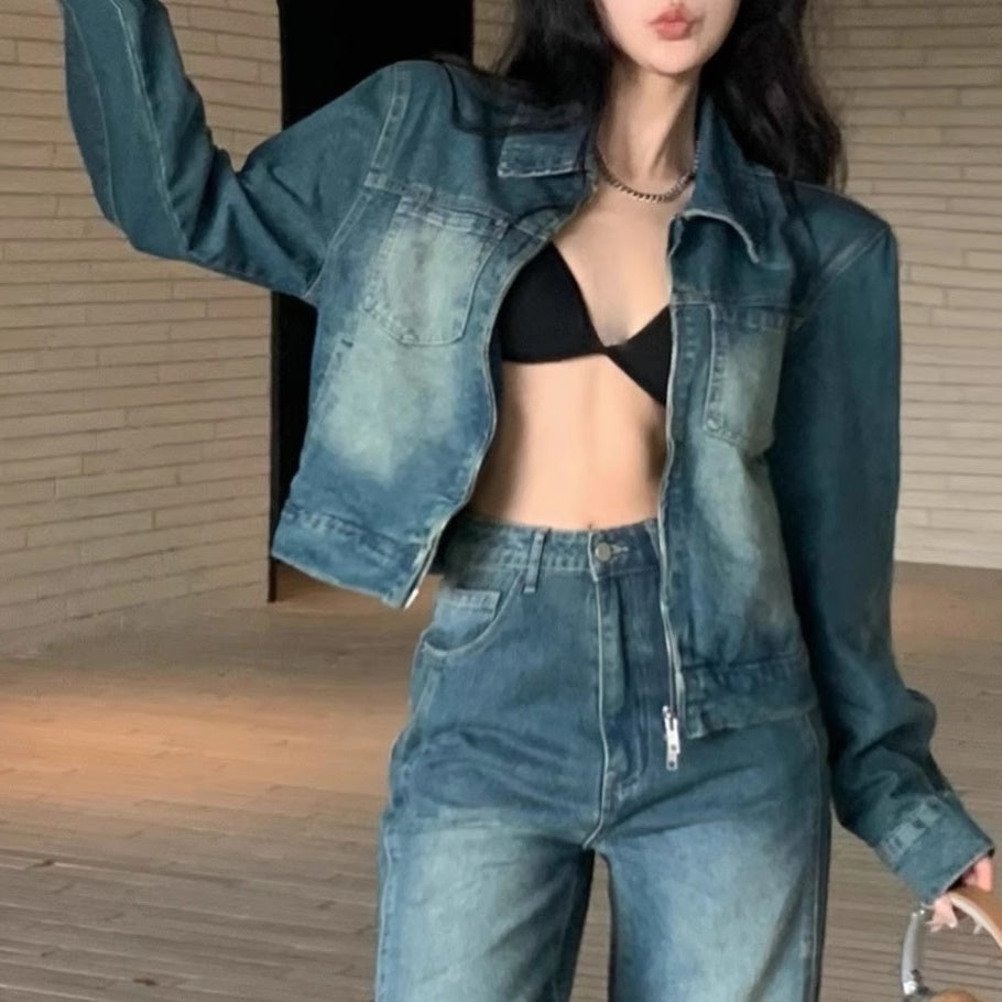 デニム セットアップ レディース 韓国 ファッション ジップアップ デニムジャケット レギュラーフィット デニムパンツ 上下セット デニムオンデニム