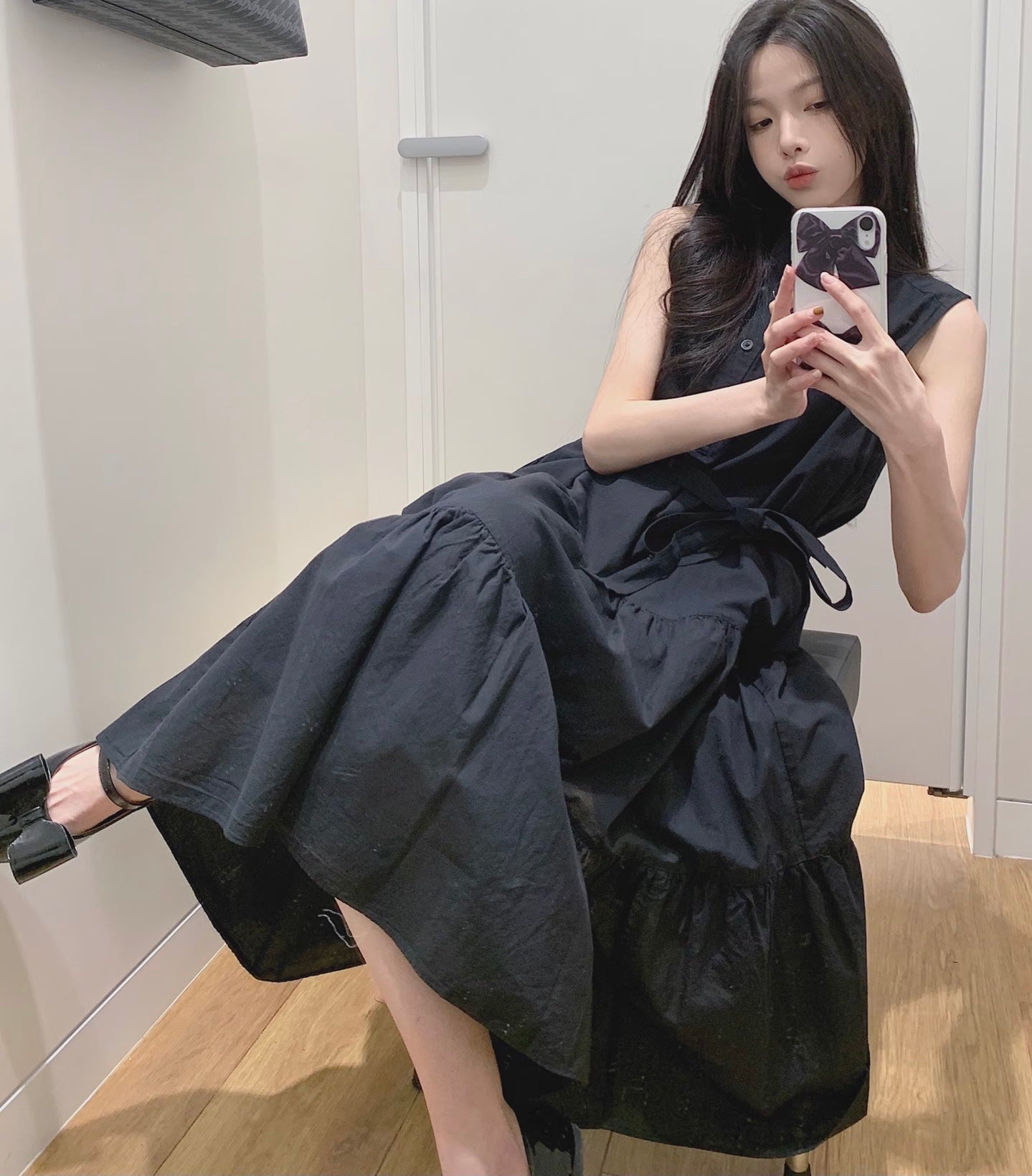 ハーフボタン ロングワンピース 韓国 ウエストリボン ノースリーブ ワンピース 上品 お呼ばれ 黒ワンピース