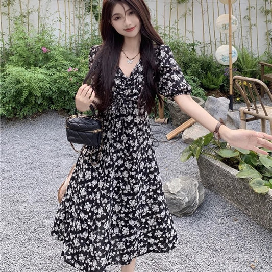 花柄 ワンピース レディース 韓国 Vネック Aライン お呼ばれ パフスリーブ 半袖 ミモレワンピース きれいめ 夏ワンピ