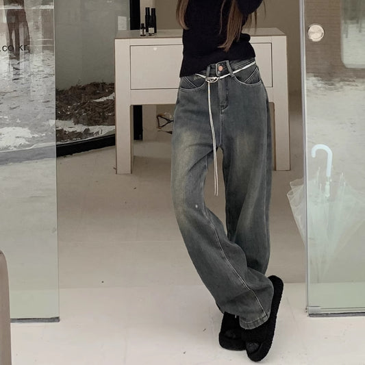 冬用 デニムパンツ レディース 裏ボア あったか ジーンズ 韓国 ファッション 冬デニム 厚手 防寒 厚手 ワイドパンツ アッシュグレー