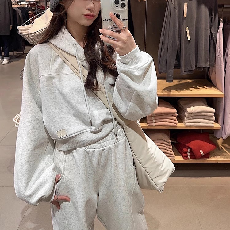 クロップド スウェットセットアップ レディース 韓国 ファッション ショート丈 パーカー ワイドパンツ 上下セット