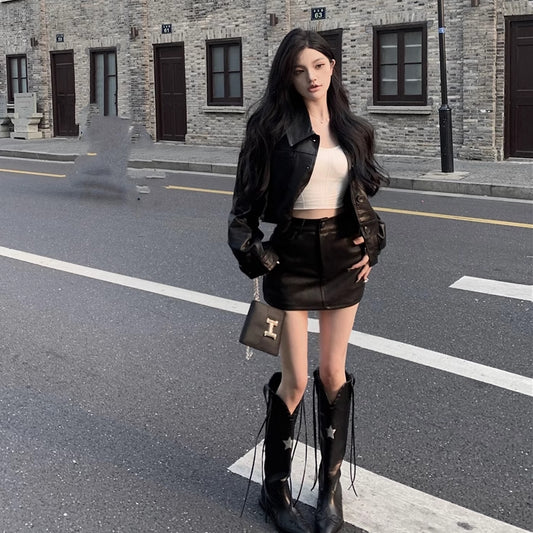 レザーセットアップ レディース 韓国 ファッション ジップシャツ ミニスカート 上下2点セット 黒レザー 合皮