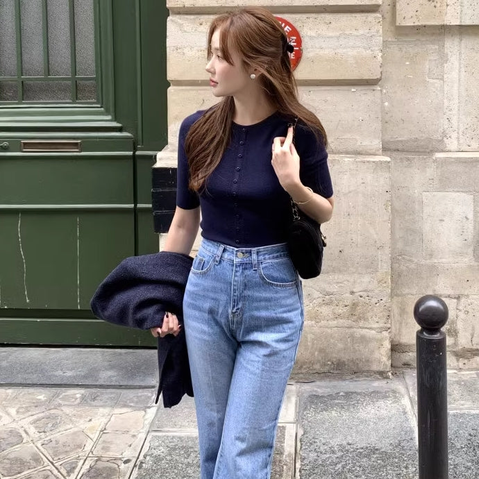 ニット Tシャツ トップス レディース 韓国 ファッション 半袖 フロントボタン タイトフィット 上品 大人きれいめ プルオーバー カットソー 伸縮 ストレッチ オフィス